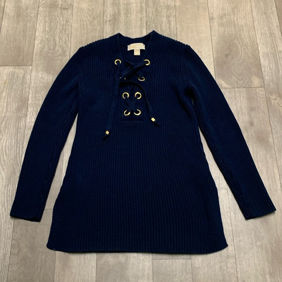Womens Michael‎ Kors Ribbed Chunky Tie Up V-Neck Cotton Sweater - Picture 1 of 8